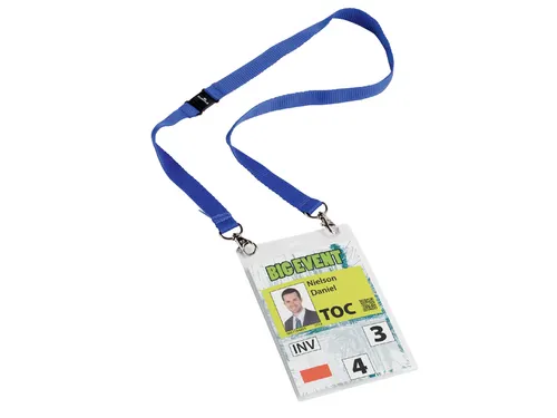 Badge Durable voor evenementen A6 met koord blauw