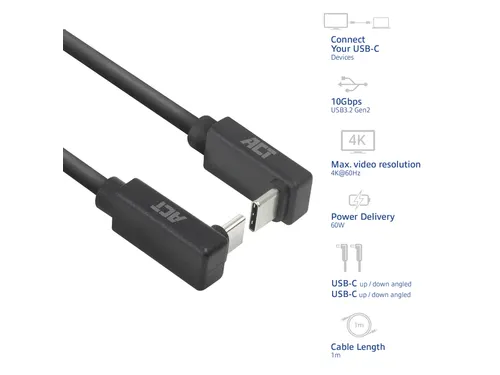 Kabel ACT USB-C hoek boven/beneden 10Gbps 1m