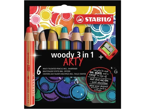 Kleurpotloden STABILO 880 woody 3 in 1 Arty incl puntenslijper ass 6st