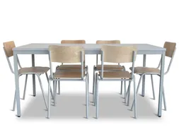 Kantineset,6Stoelen,1Tafel,Zitting Beuken Multiplex Natuur,Blad Grijs