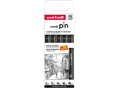 Uni Pin fineliner set zwart 0,2-1,0 mm 4+1 gratis