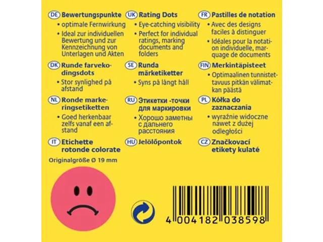 Avery rating dots, diameter 19mm, rol met 250 stuks, smiley, rood