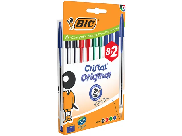 Balpen Bic Cristal medium assorti blister à 8+2 gratis