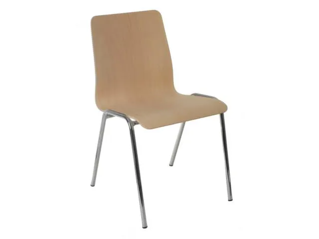 Houten Kuipstoel,4Voeten Ronde Buis Verchroomd,Zitschaal Beuken