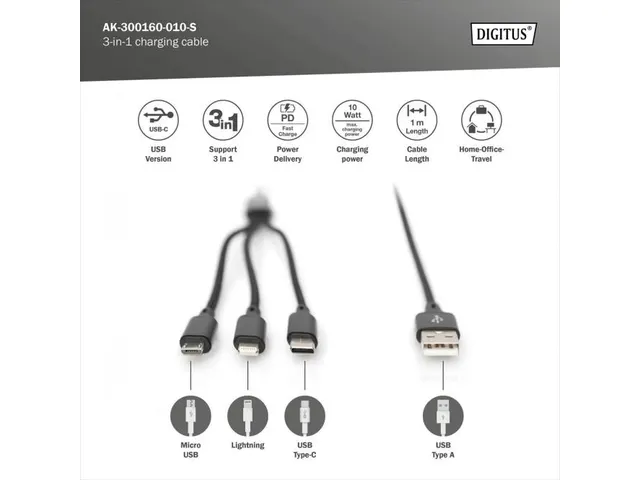 USB-oplaadkabel 1m 3-in-1 Kabel Nylon Gevlochten Zwart