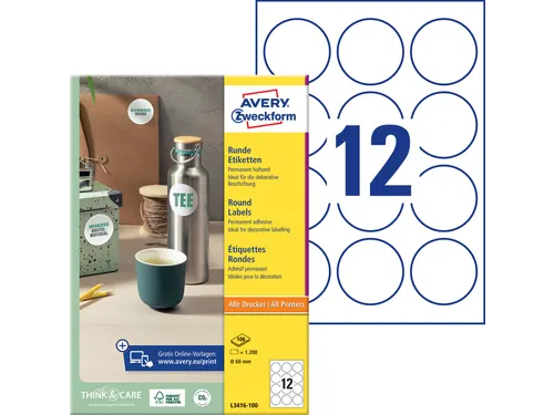Etiket Avery Zweckform L3416-100 rond 60mm wit