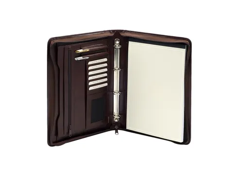 Schrijfmap van der Spek A4 leer 4-rings 25mm O-mechaniek + rits bruin