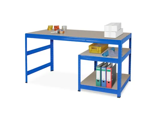 montagetafel,HxBxD 900x1500x600mm,blad hout,4voeten RAL5010,2legborden