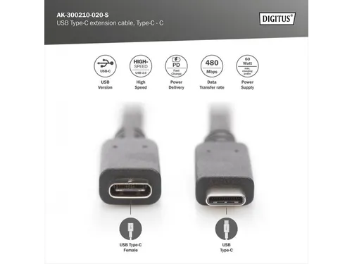 USB Type-C verlengkabel Type C St/Bu 2m 3A 480MB Versie 2.0 Zwart