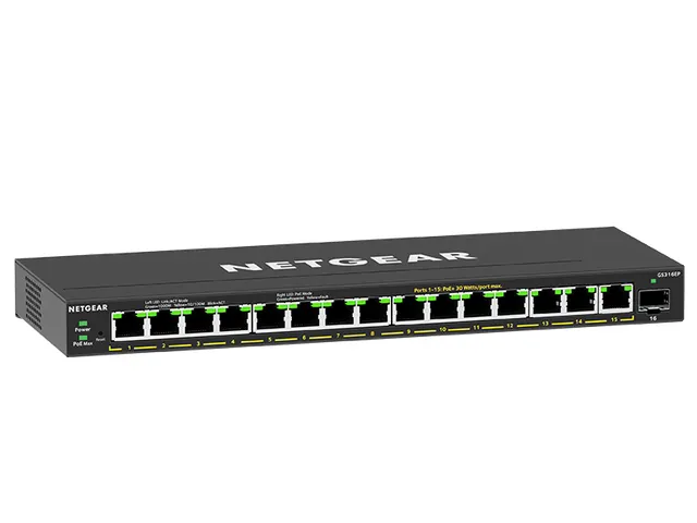 16-poorts PoE+ Gigabit Ethernet Plus-switch (180 W) met 1 SFP Poort