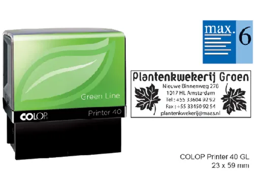 Tekststempel Colop 40 green line+bon 6regels 59x23mm Blauw