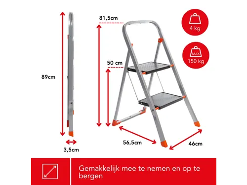 Huishoudtrap met hoge beugel 2 treden antislip inklapbaar tot 150 kg