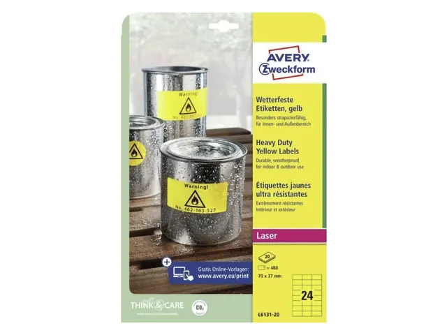 Etiquette résistante aux intempéries Avery 70x37mm jaune, boîte 20