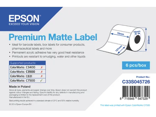 Premium Matte Label - Die-cut Roll: 76mm x 127mm, 960 labels