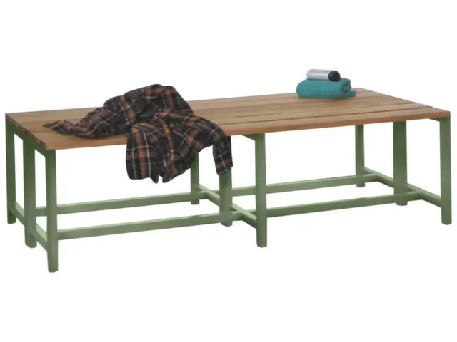 banc double,LxP 1500x740mm,barrettes en bois hêtre,piètement RAL6011