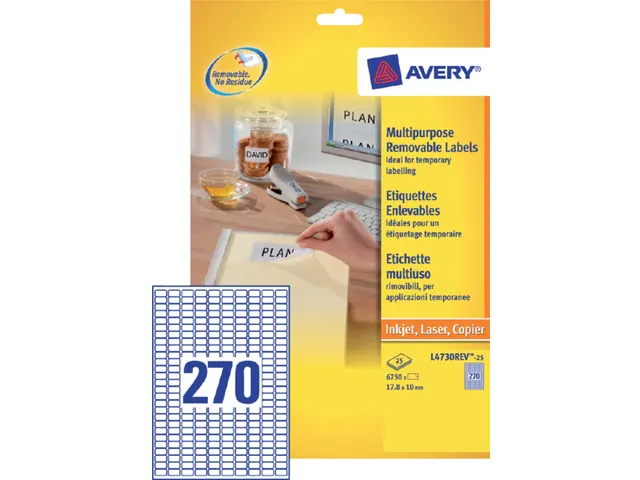 Etiket Avery L4730 Rev-25 17.8x10mm Afneembaar Wit 6750 Stuks
