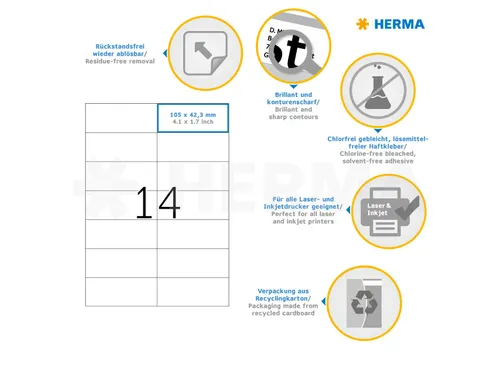 HERMA 5081 Verwijderbare etiketten A4 105x42,3mm Wit 350 stuks