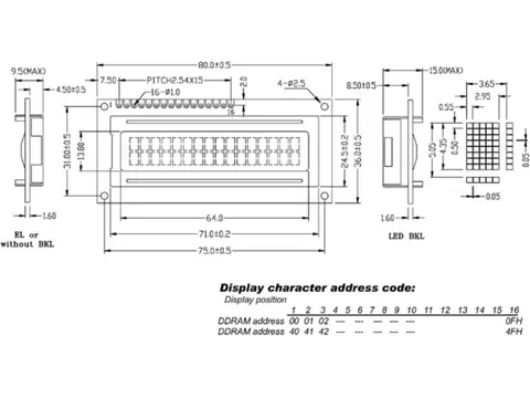 LCD 16 x 2 Bottom View Reflectief