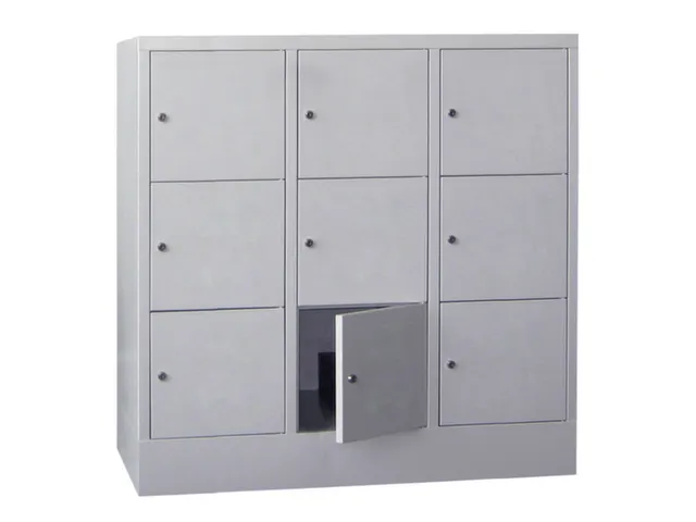 lockerkast,HxBxD 1187x1200x500mm,3x3vakken,RAL7035,front RAL3000