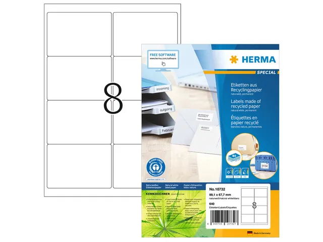 HERMA 10732 Etiketten gerecycled papier A4 99,1x67,7mm Wit 640 stuks