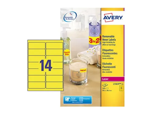 Etiket Avery L7263Y-25 99.1x38.1mm neon geel 350 stuks