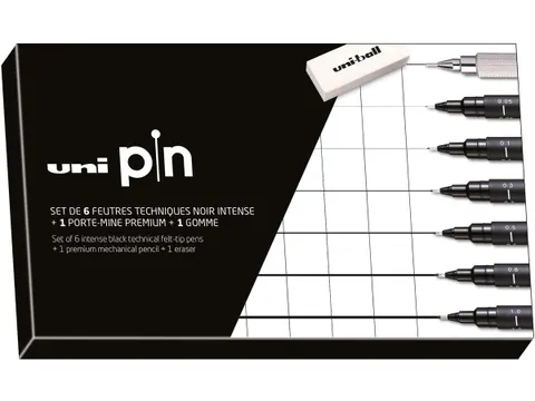 Uni Pin fineliner set + vulpotlood en gom