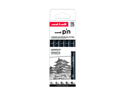 Fineliner Uni-ball Pin ASP008 set à 5 breedtes zwart