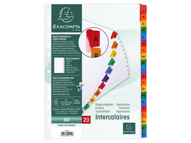 Intercalaires Imprimés Alphabétiques Carte Blanche 160g - 20 Positio