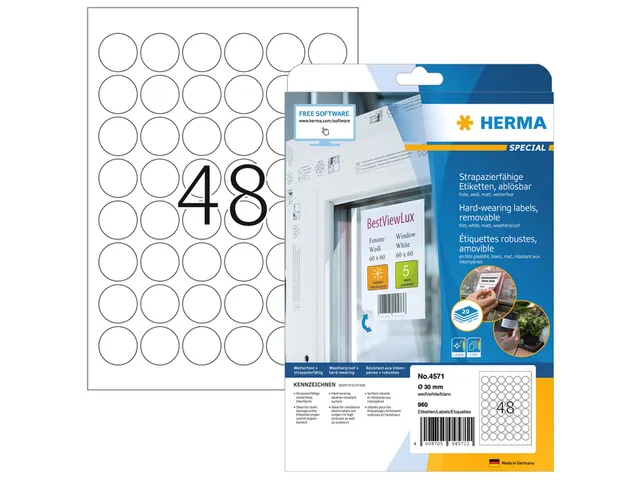HERMA 4571 Weervaste Folie-etiketten A4 Rond 30mm removable 960 stuks