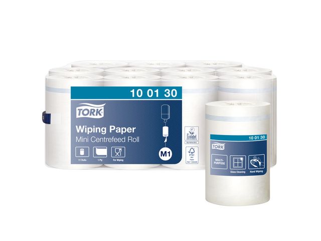Poetspapier Tork Wiping mini rol M1 1 laags centerfeed wit 100130