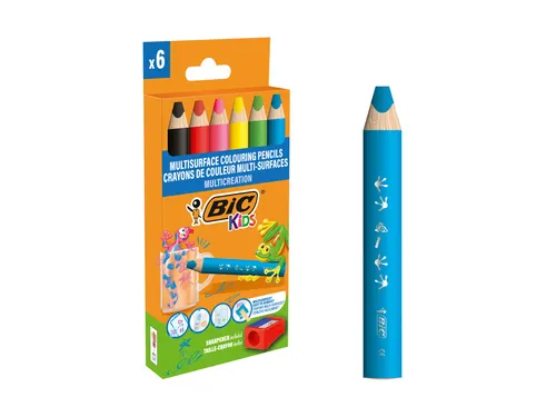 Kleurpotloden BicKids Multi Surface + puntenslijper assorti 6 stuks