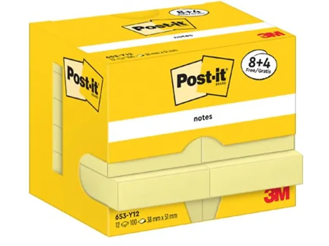 Post-It Notes, 100 feuilles, ft 38 x 51 mm, jaune, 8 + 4 GRATUIT