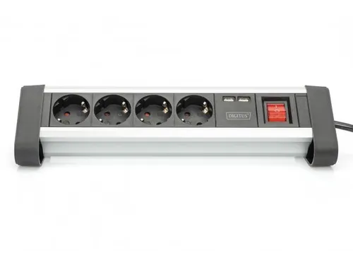 4-voudige kantoorstekkerdoos met 2x USB-poorten USB 5V/2A zwart/zilver