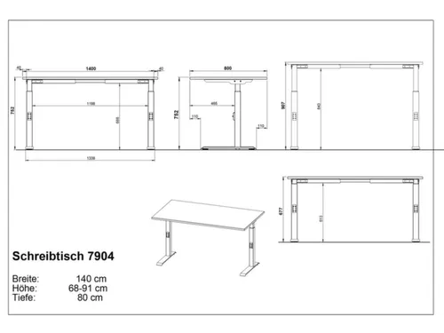 In hoogte verstelbaar bureau,HxBxD 680-910x1400x800mm,blad wit