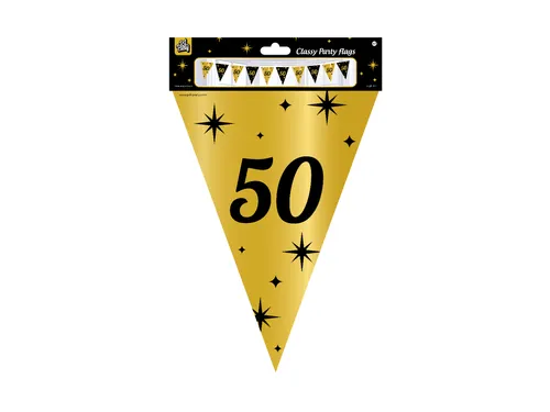 Slinger Folie vlaggen Party Flag Foil '50' Goud-Zwart 30cmx10m