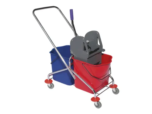 dweilwagen,emmer 2x27l ROOD/BLAUW,mopwringer,frame metaal,4zwenkwielen
