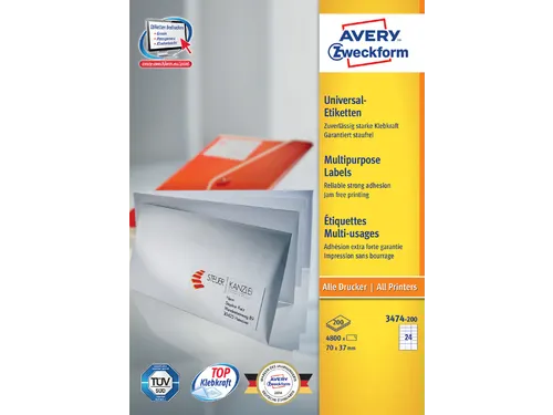 Etiket Avery Zweckform 3474-200 70x37mm wit 4800stuks