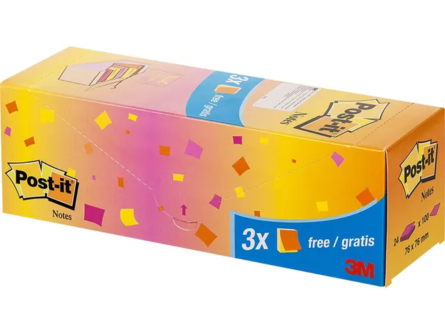 Memoblok 3M Post-it 654 76x76mm neon assorti 21 + 3 gratis