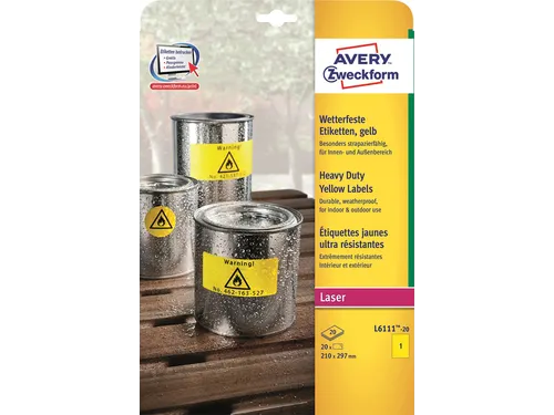 Avery Zweckform Ultra sterk etiket L6111-20 210x297mm Geel 20 stuks