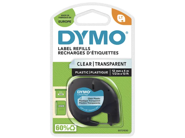 Lettertape Dymo 12267 Letratag 12mm Plastic Zwart Op Transparant