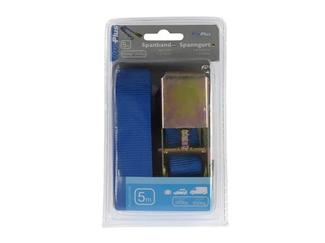 Spanband ProPlus ratel 5 meter met 2 haken blauw