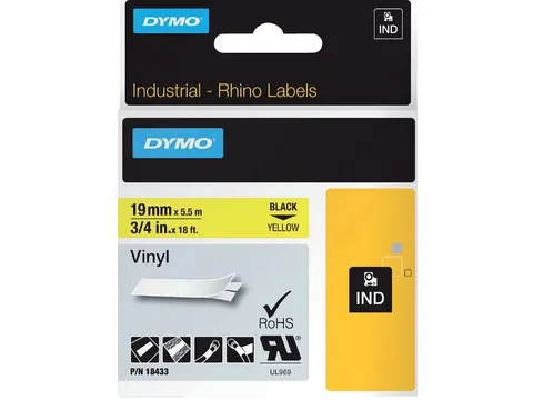 Labeltape Dymo Rhino 18433 Vinyl 19mmx5.5m Zwart Op Geel