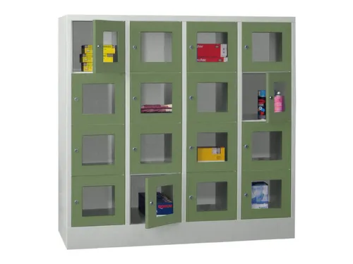 lockerkast,HxBxD 1518x1600x500mm,4x4vakken,RAL7035,front RAL6011