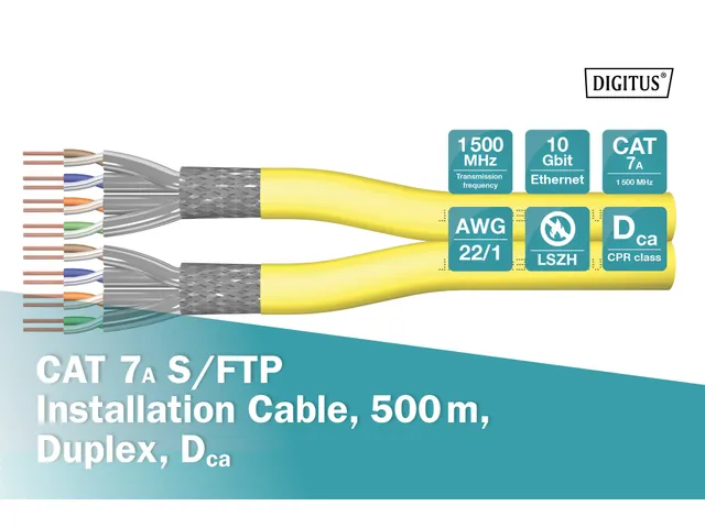 CAT 7A S-FTP installatiekabel 1500MHz Dca AWG 22/1 500m haspel Dx Geel