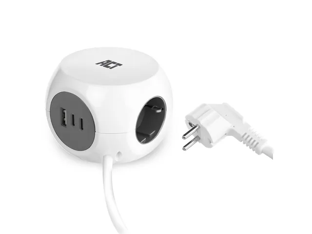 Stekkerblok ACT 3 voudig inclusief 2x USB C en A 1.5 meter wit/grijs