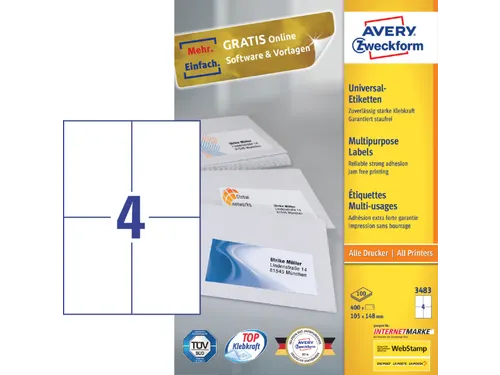 Etiket Avery Zweckform 3483 105x148mm A6 wit 400stuks