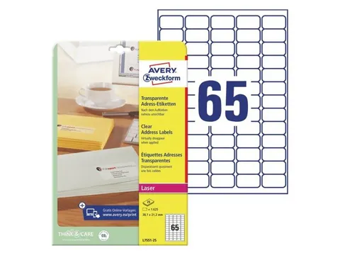 Mini etiket Avery Zweckform 38.1x21.2mm Transparant 1625 stuks