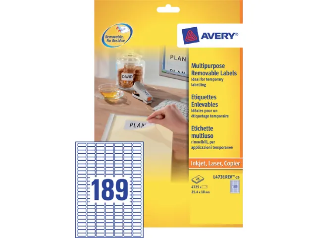 Etiket Avery L4731REV-25 25.4x10mm afneembaar wit 4725stuks