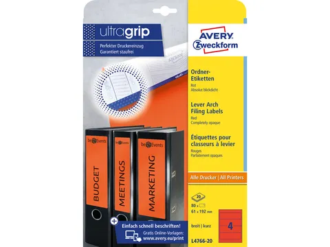 ordnerrugetiket Avery 192x61mm rood 20 vel 4 etiketten per vel