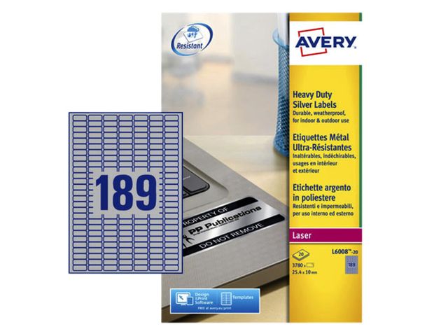 Etiket Avery L6008-20 25.4x10mm zilver 3780stuks | AveryEtiketten.be